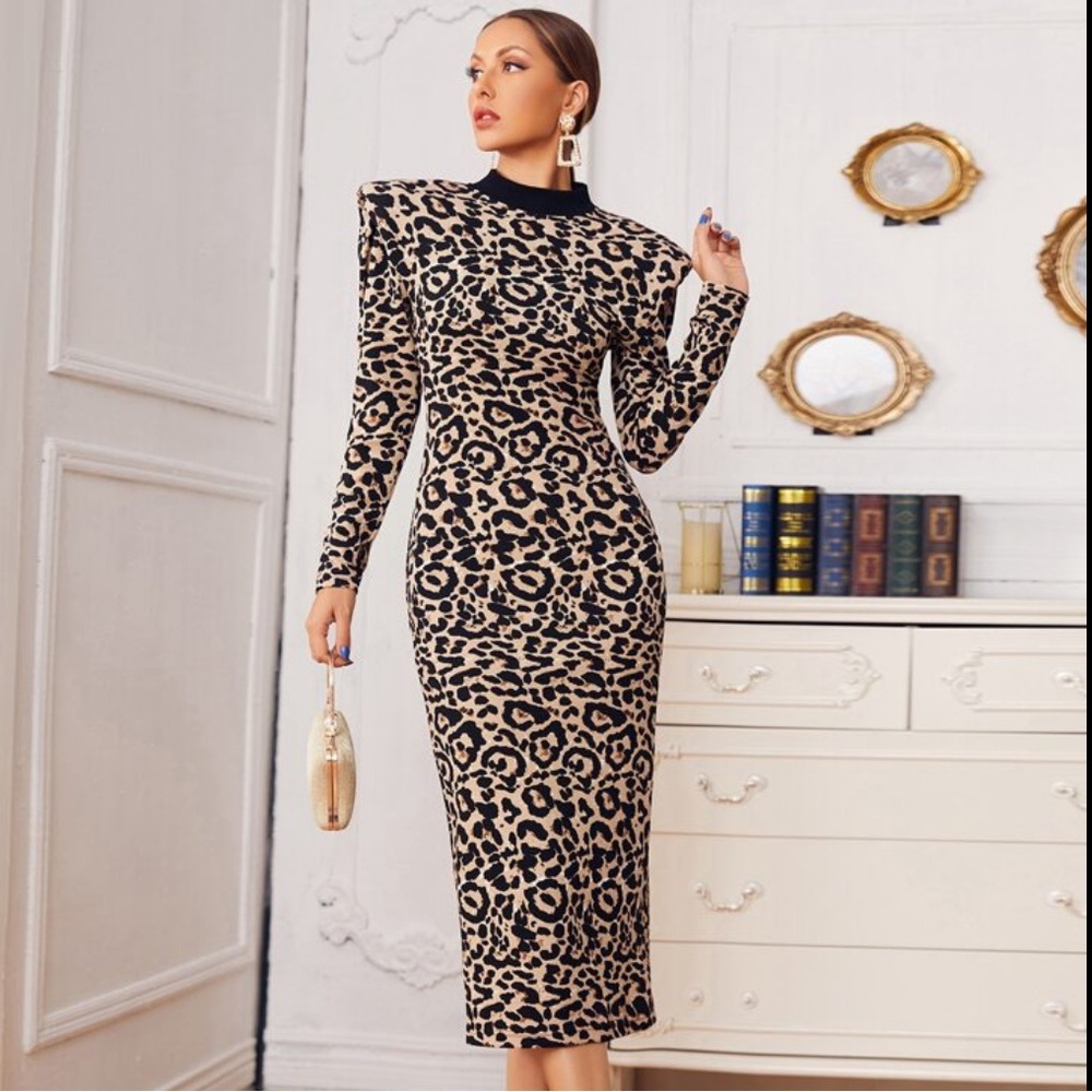 SHEIN Leopard Print Padded Shoulder Bodycon Dress - Size S(small ) womens